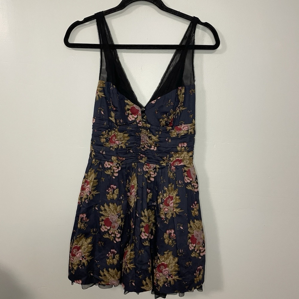 Free People Mini Dress Womens Size 6 Blue Floral Tulle Ruffle Festival
